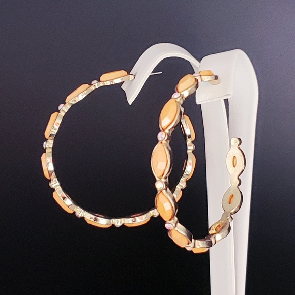 Peach with Clear Rhinestone 3/4 Hoop Earrings 2.2" - Picture 2 of 5